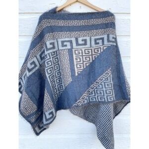Poncho Sweater Knit Blue Gray Aztec Fuzzy Warm Pullover Cape Shoulder Cover